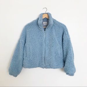 uo willow fuzzy drawstring teddy jacket blue